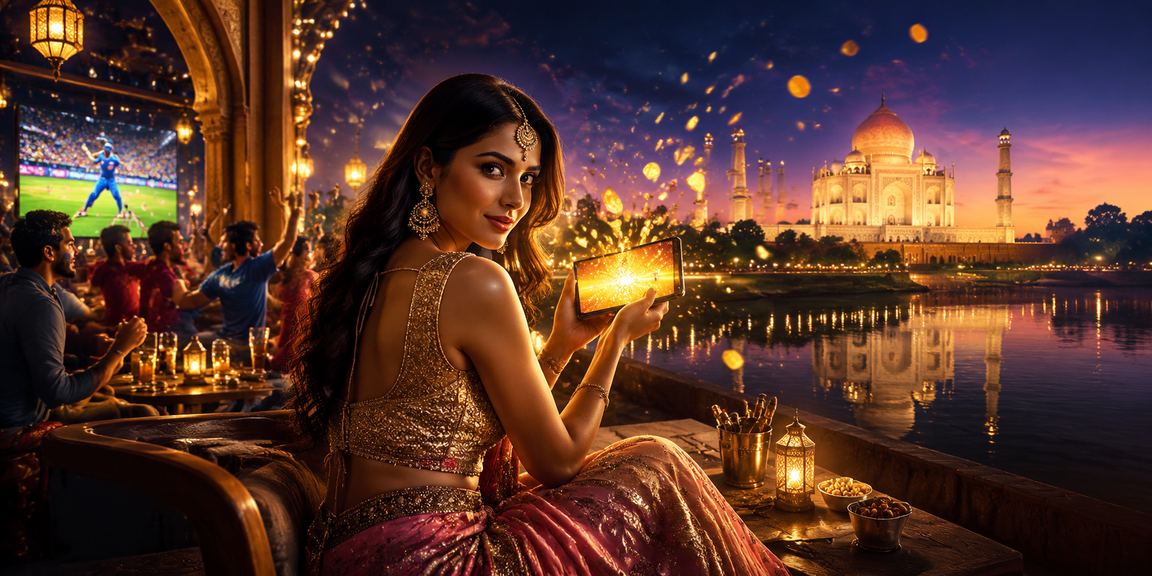 Indian woman betting on cricket near Taj Mahal at night